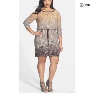 London Times Brown and Cream Geometric Dress